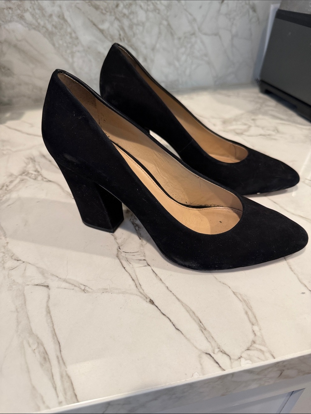ANTONIO MELANI Black Suede Block Heel Pumps